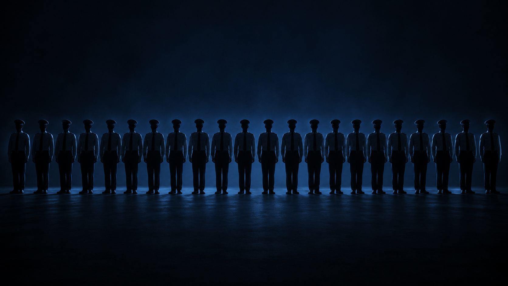 A cinematic illustration of a long security detachment, silhouetted in blue light