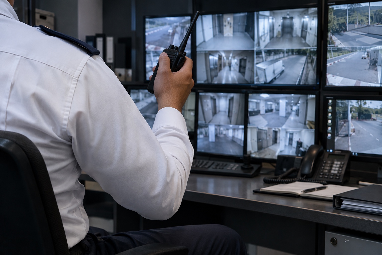 A white-uniformed operator coordinating by radio in a control room — illustrative image