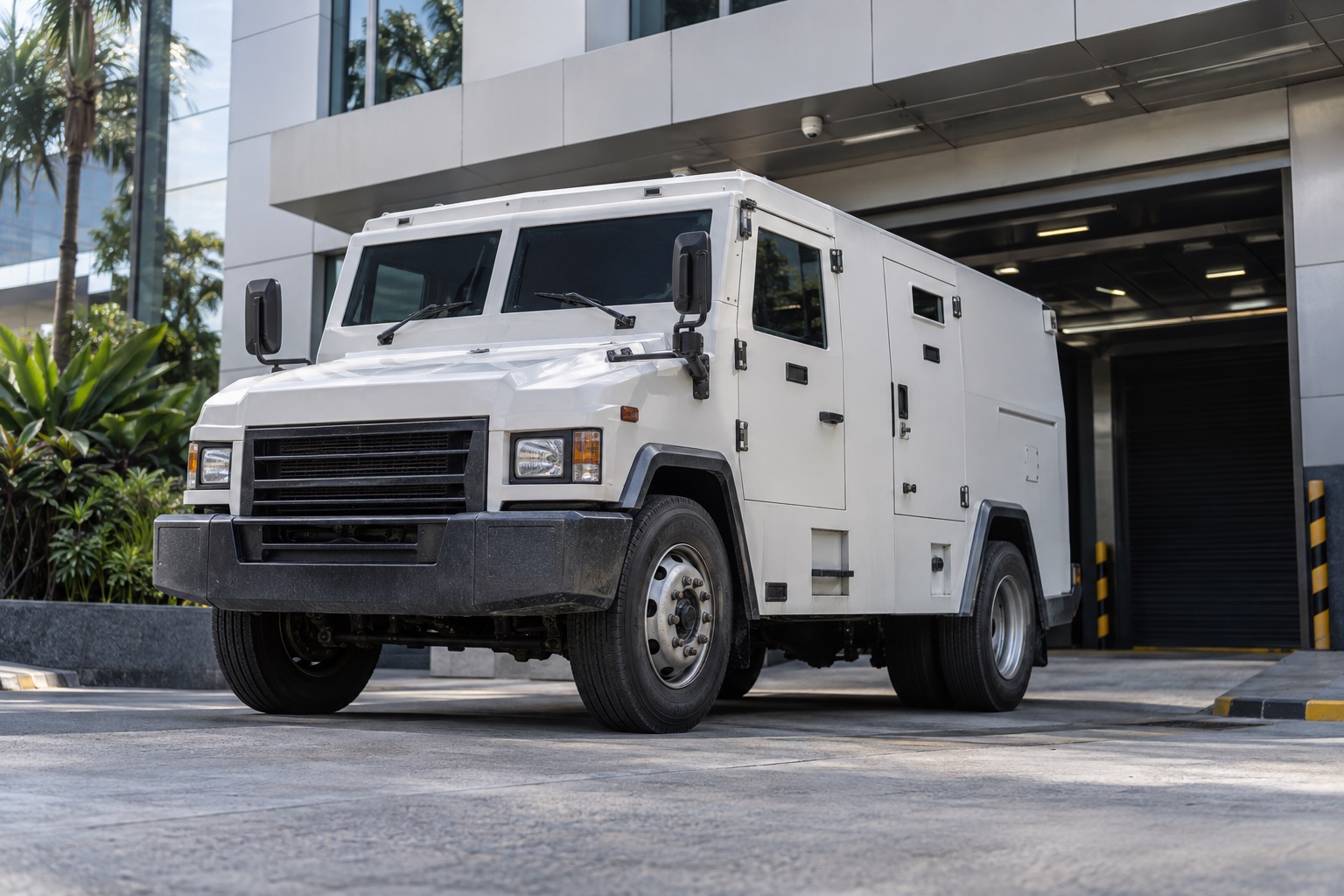 A white armored cash-in-transit vehicle at a commercial loading bay — illustrative image