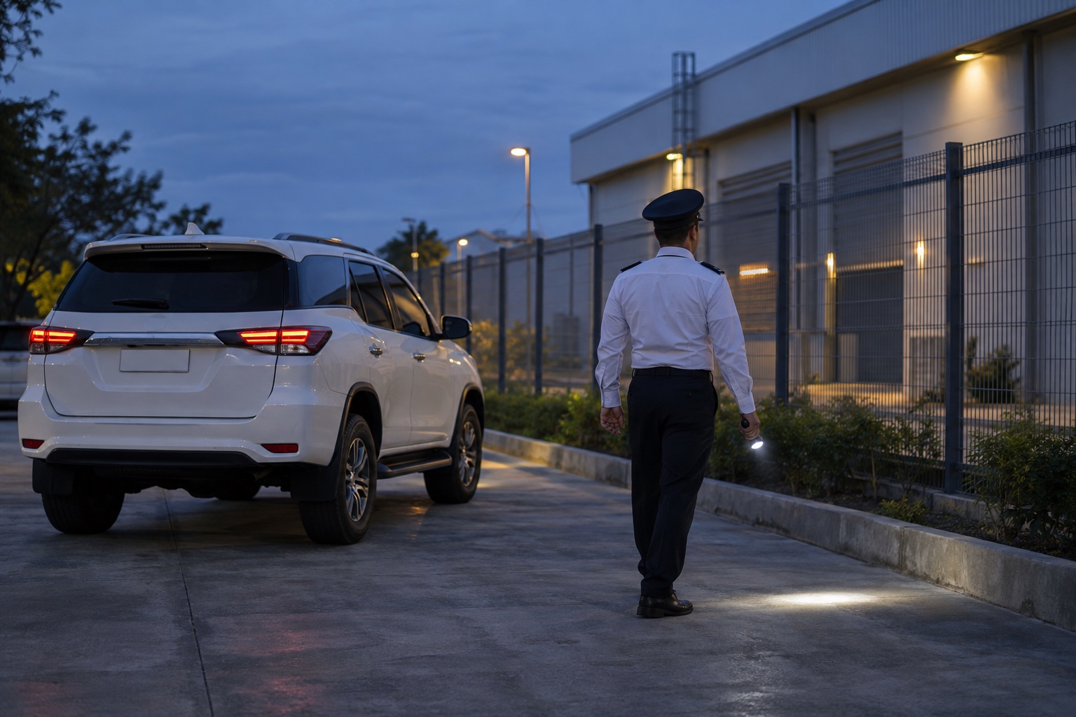 A white-uniformed guard and a patrol vehicle outside an industrial perimeter at dusk — illustrative image