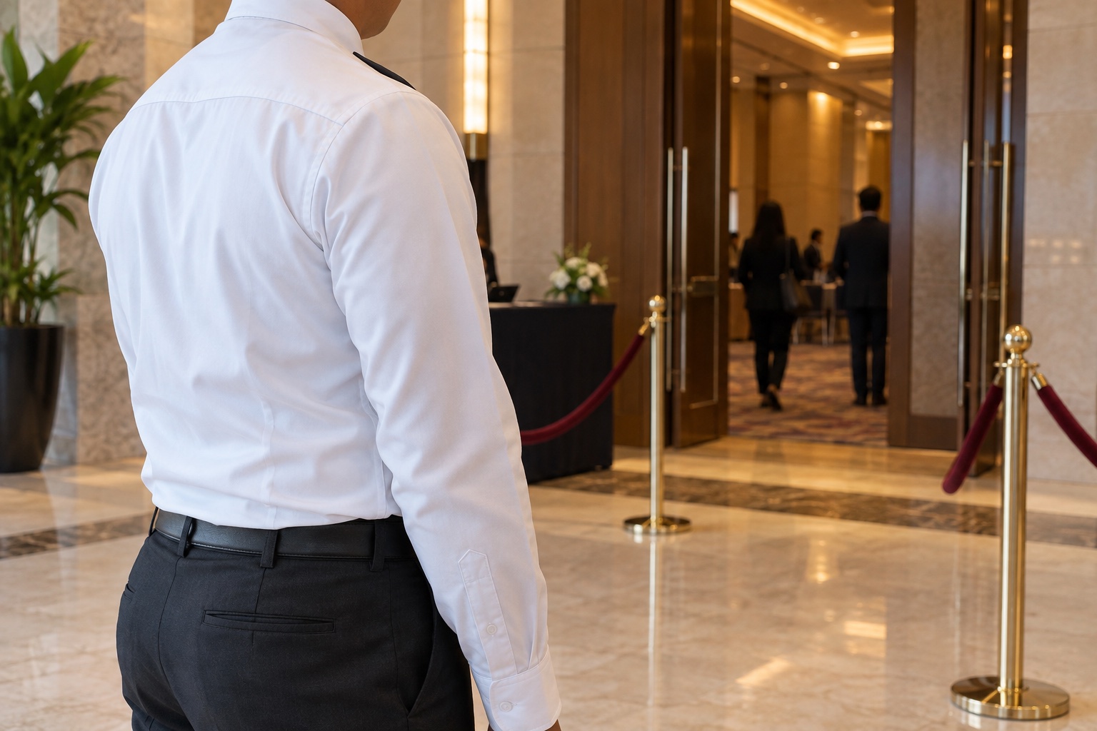 A white-uniformed guard overseeing entry to a formal event — illustrative image